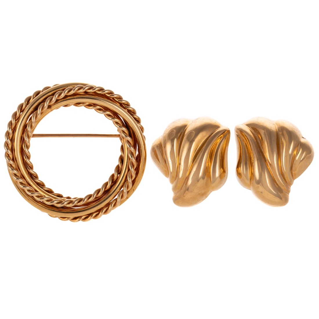 A Pair of Wave Ear Clips & Circle Brooch in 14K: 1) 14K yellow gold ear clips of high polish, ridged wave form, Omega clip backs, 7/8 in. L, and 2) 14K yellow gold circle brooch composed of braided high polish and rope lengths, 1 1/4 in. Diam., 14.8
