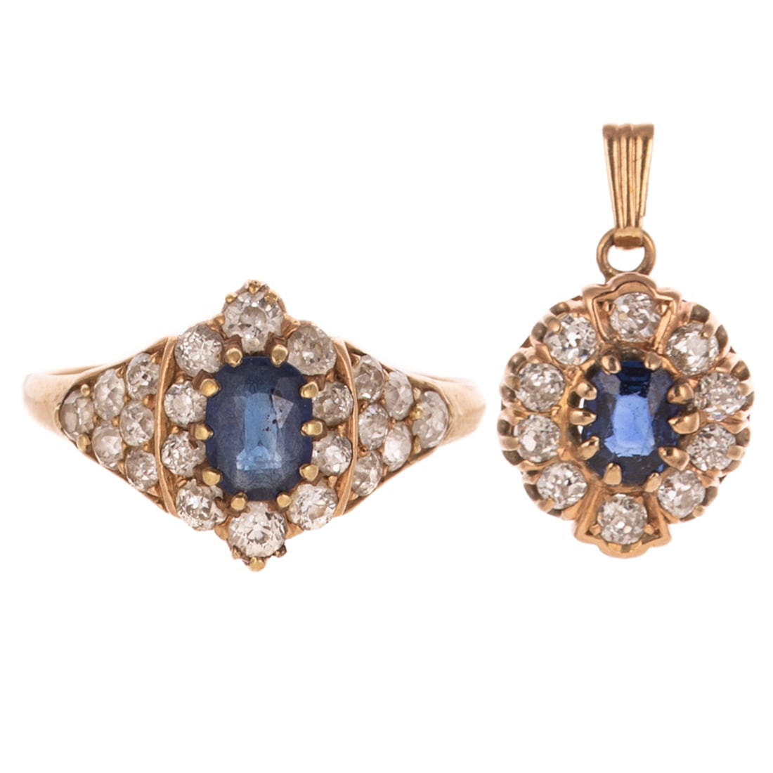 An Early Victorian Sapphire & Diamond Ring & Pendant in 14K: 1) 14K yellow gold ring featuring a cushion cut sapphire weighing approx. 0.70 with a halo of Old Mine cut diamonds weighing approx. 0.50 ctw, sz 8.25, and 2) 14K yellow gold pendant featuring an oval