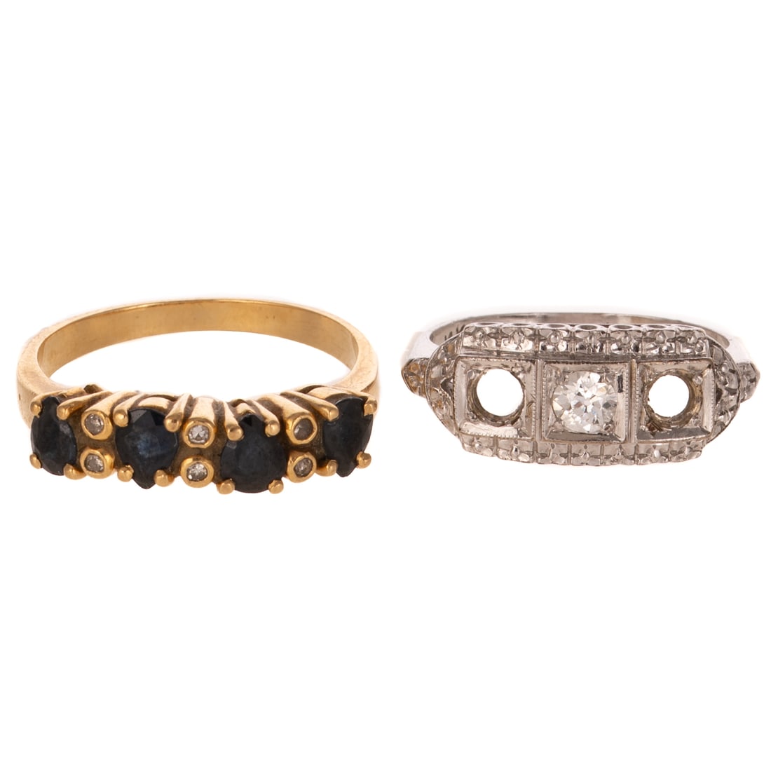 Two Vintage Diamond & Gemstone Rings in 18K & 14K: 1) 18K yellow gold band featuring pear shape sapphires alternating with round diamonds, sz 8.25, and 2) 14K white gold ring featuring a round diamond weighing approx. 0.15 carats, two side stones miss