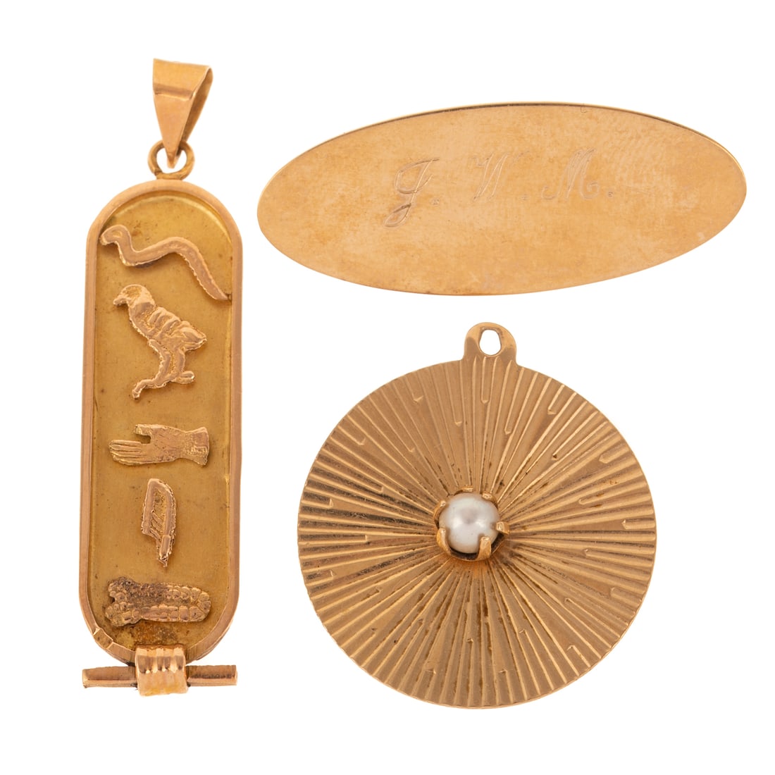 A Pendant, Charm & Pin in 14K: 1) 14K yellow gold Egyptian hieroglyphic pendant, 1 7/8 in. L, 2) 14K yellow gold charm of round fluted design with pearl prong set in center and radiant motif, personalized on reverse, 1 1/8 in. L, a