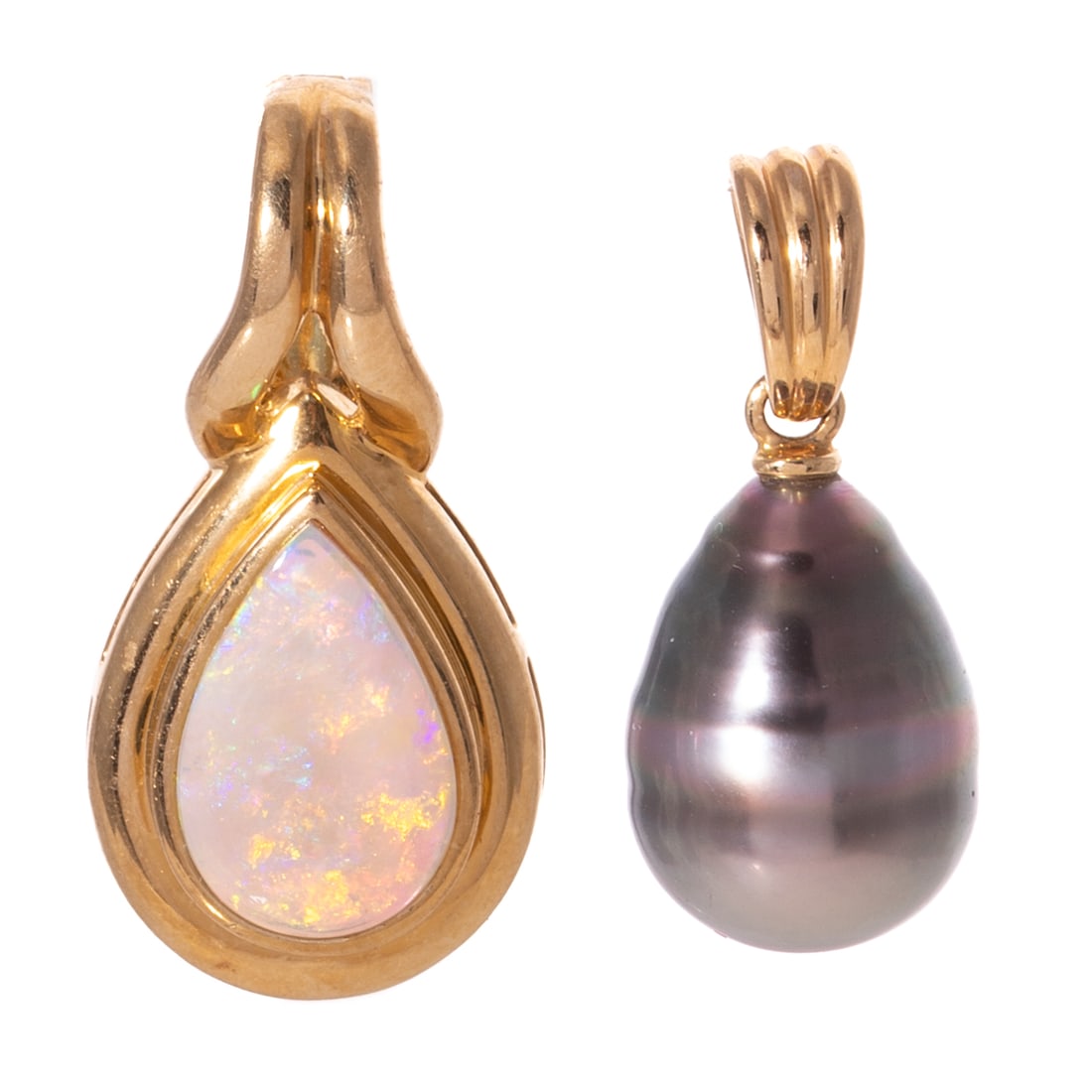 A Opal Enhancer & Tahitian Pearl Pendant in 18K: 1) 18K yellow gold hinged enhancer pendant featuring a bezel set pear shape opal with strong blue, green, yellow and orange play of color, high polish double frame, hinged bail,1 1/4 in. L, and 2) 18K