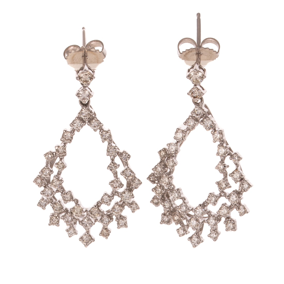 A Pair of 2.00 ct Diamond Dangle Earrings in 14K: 14K white gold earrings featuring drop of round diamonds prong set in the shape of a pear with additional diamonds cascading below, all diamonds weighing approx. 2.00 ctw with an average color grade o