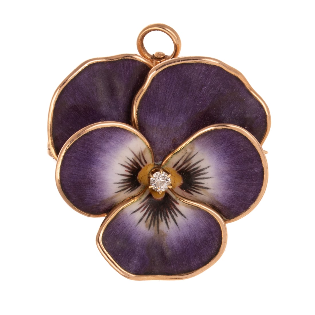 A Krementz Purple Enamel Pansy Pin/Pendant in 14K: 14K yellow gold purple enamel pansy pin/pendant by Krementz, round diamond prong set in the center, collapsible bail, hidden hook and traditional pin back, 1 1/8 in. W, 7.2 grams Provenance: From the 