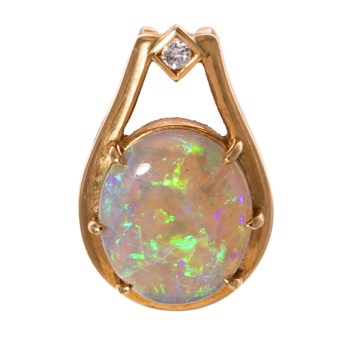 An Opal & Diamond Pendant in 18K: 18K yellow gold pendant featuring an oval opal measuring 11.6 x 16.1 mm with strong blue and green play-of-color and a diamond accent, spring ring clasp, 6.2 grams Provenance: From the Estate of Jean