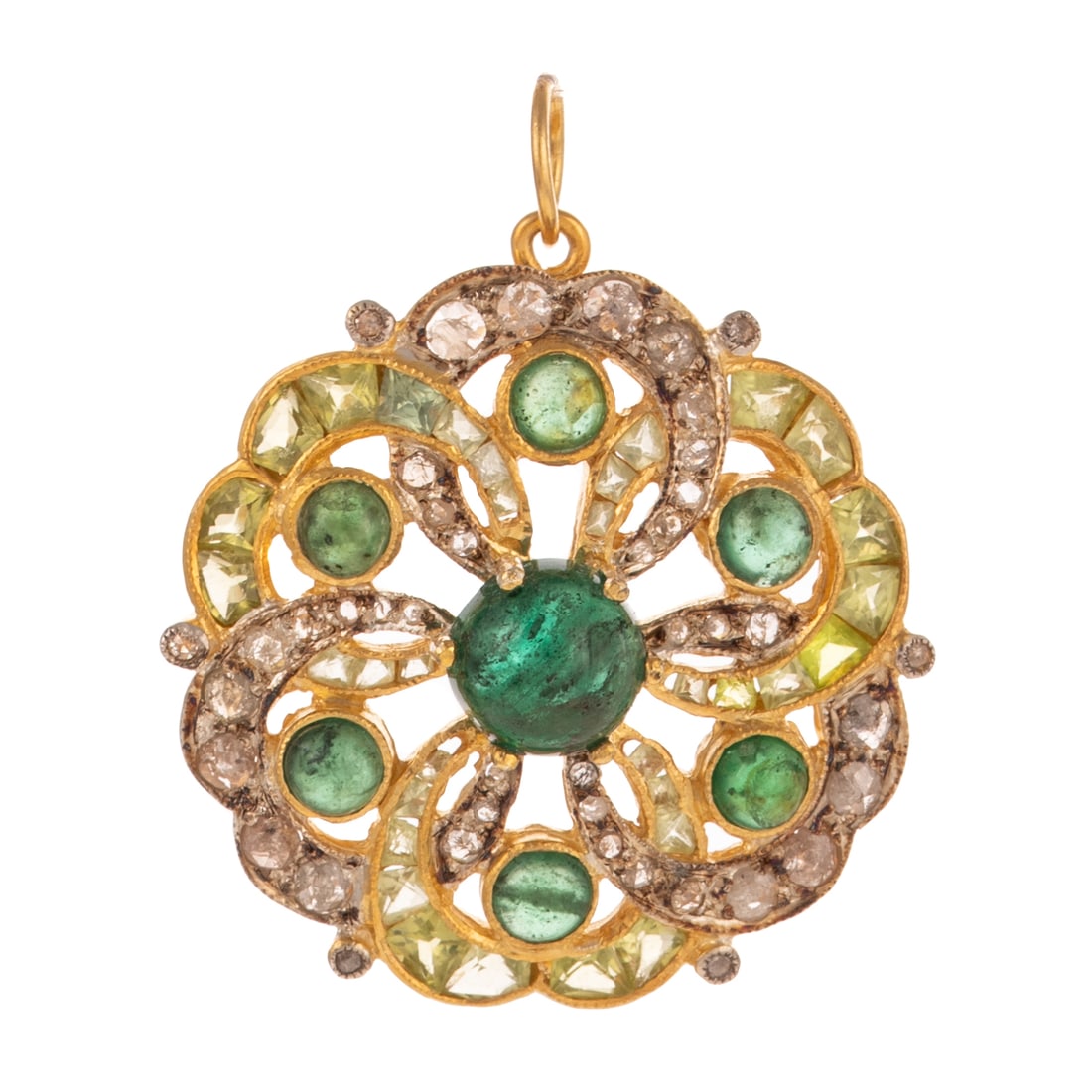 An Emerald, Diamond & Peridot Pendant: Vermeil pendant featuring a round emerald cabochon prong set in the center of an alternating rose cut diamond and mixed-cut peridot looping circle with round emerald cabochon bezel set accents, all