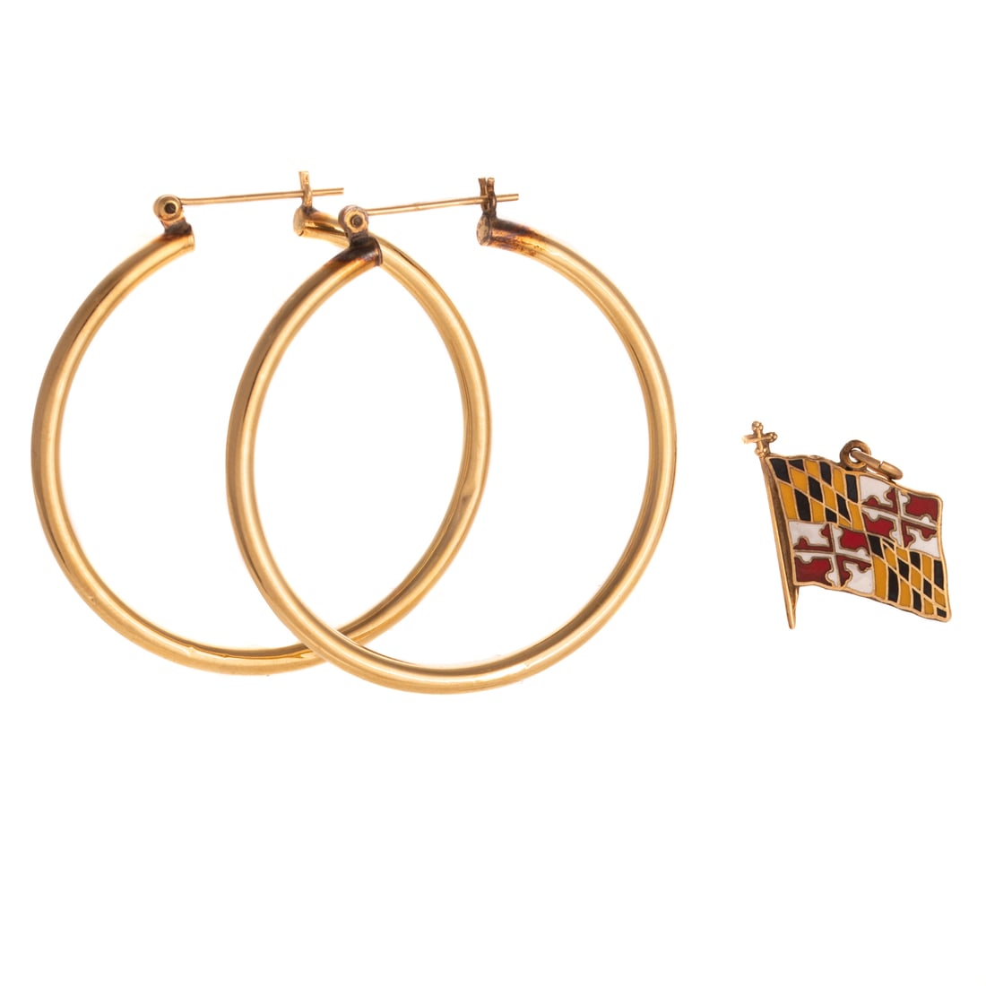 A Pair of Hoops & Maryland Flag Charm in 14K: 1) 14K yellow gold hoops, 2.4 mm W, 1 5/8 in. L, and 2) 14K yellow gold charm/pendant depicting the Maryland State flag in black, yellow, white and red enamels, 3/4 in. L, 4.6 grams tw