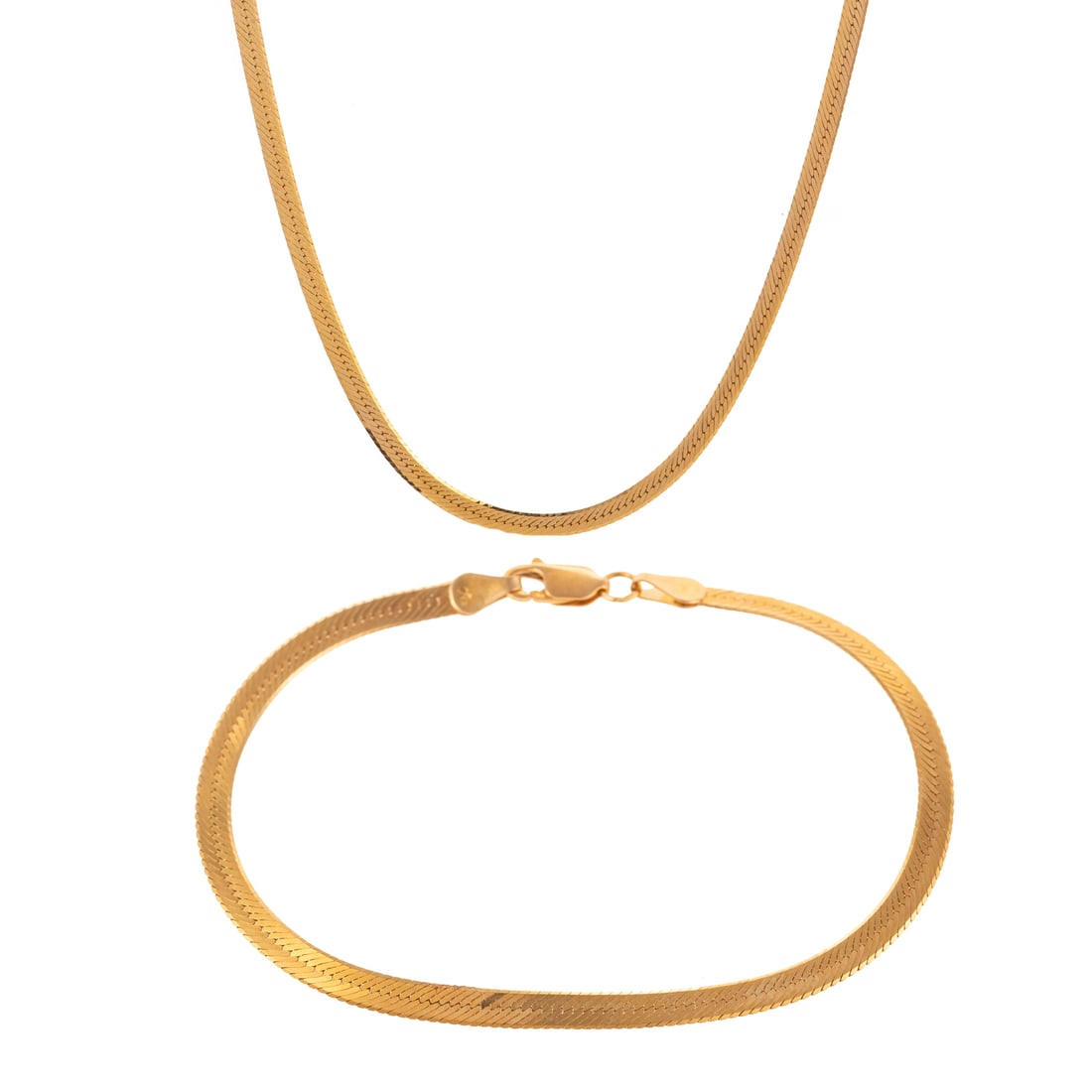 A Herringbone Bracelet & Necklace in 14K: 1) 14K yellow gold Italian herringbone necklace, 2 mm W, spring ring clasp, 23 3/4 in. L, and 2) 14K yellow gold Italian herringbone bracelet, 3.9 mm W, lobster clasp, 8 1/4 in. L, 9.1 grams tw