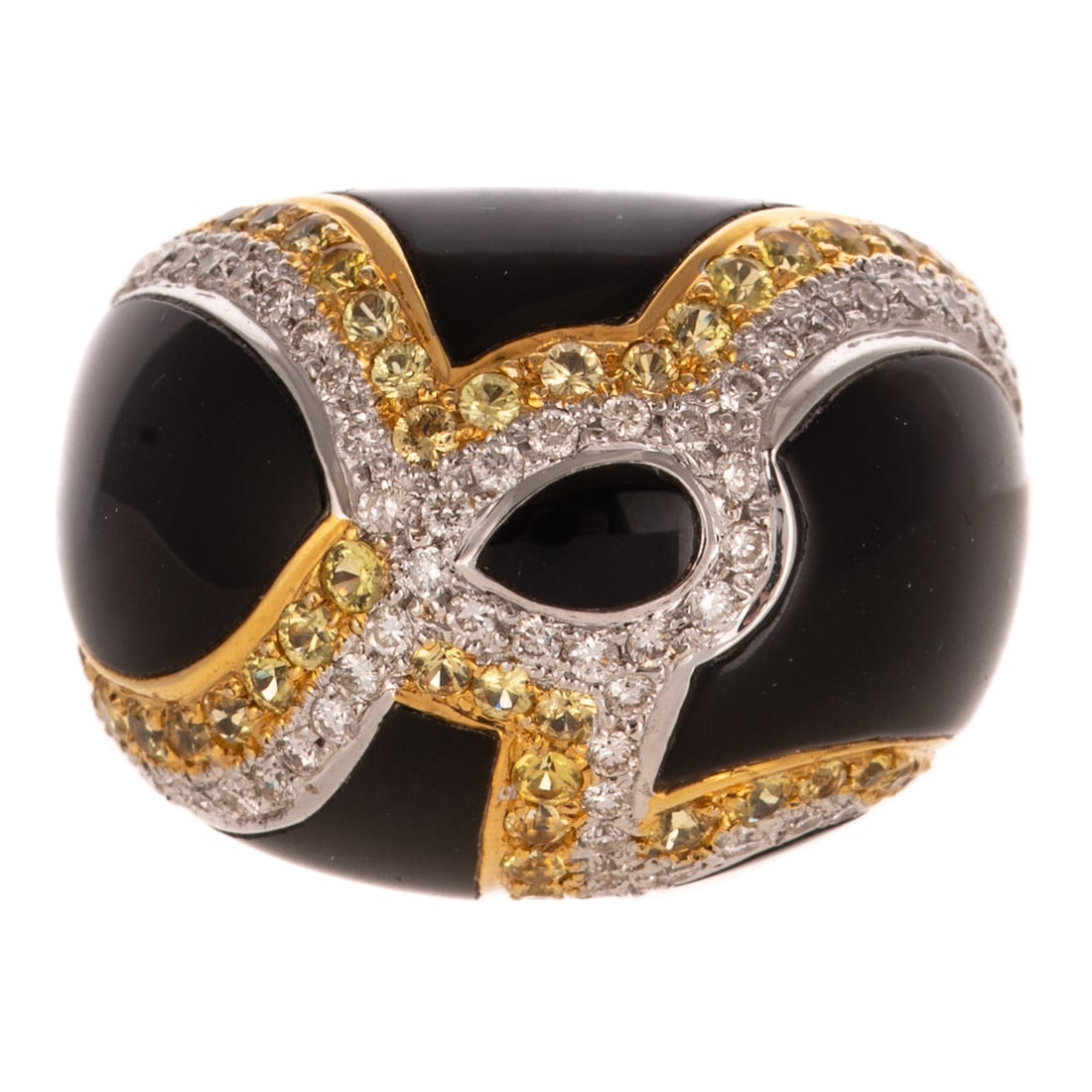 A Black Onyx, Diamond & Yellow Sapphire Dome Ring in 18K: 18K white gold ring featuring a black onyx dome with an organic looping design of round diamonds weighing 0.55 ctw bead set and round yellow sapphires weighing 1.05 ctw bead set in yellow gold, sz 7.7