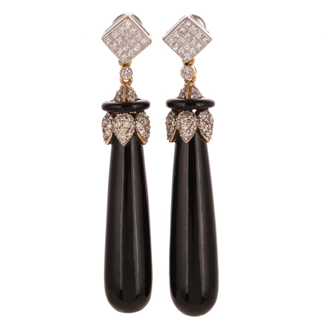 A Pair of Black Jade Dangle Earrings in 18K: 18K white gold earrings featuring elongated drops of black jade with round diamond pave foliate caps with black jade and yellow gold details, suspended by princess cut diamond invisibly set panels, al