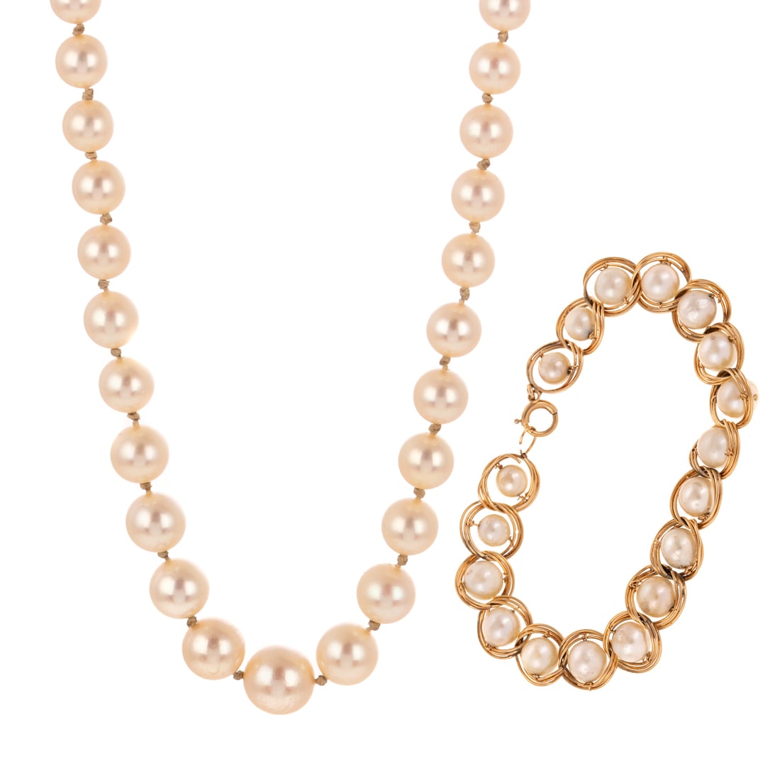 A Graduated Pearl Strand in 14K & Pearl Bracelet: 1) 14K yellow gold graduated cultured pearl necklace, 8.8 - 5.4 mm, well matched and with good lustre, oval clasp with rope detail surmounted by a trio of 4 mm pearls, 19 in. L, and 2) 14K yellow