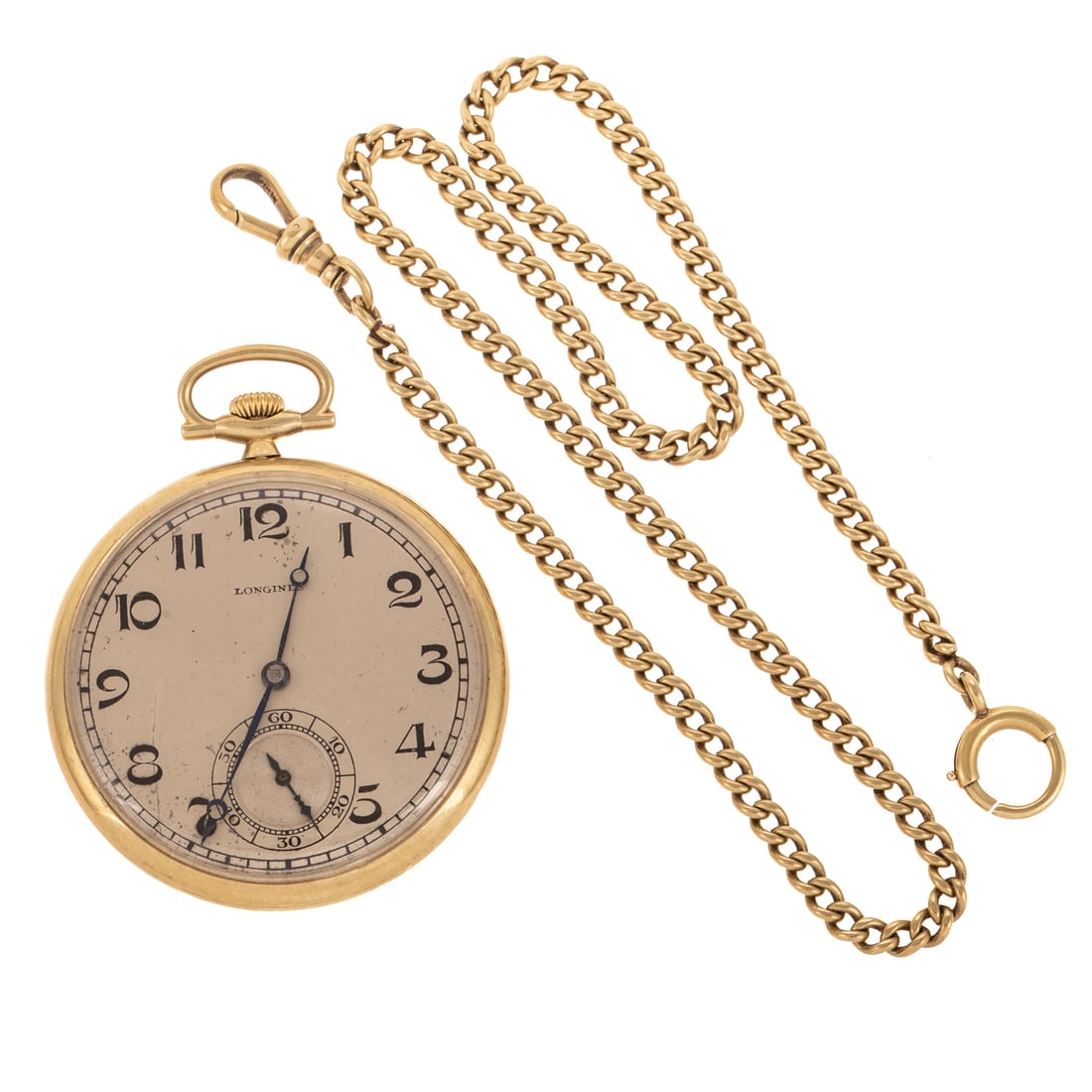 An Art Deco Longines Pocket Watch & Chain in 14K: c. 1923, 14K yellow gold pocket watch by Longines, the brushed metal dial with Arabic numerals, blue steel hands and second hand sub dial, 43 mm, 17 jewel mechanical movement, serial #4138536, with mo