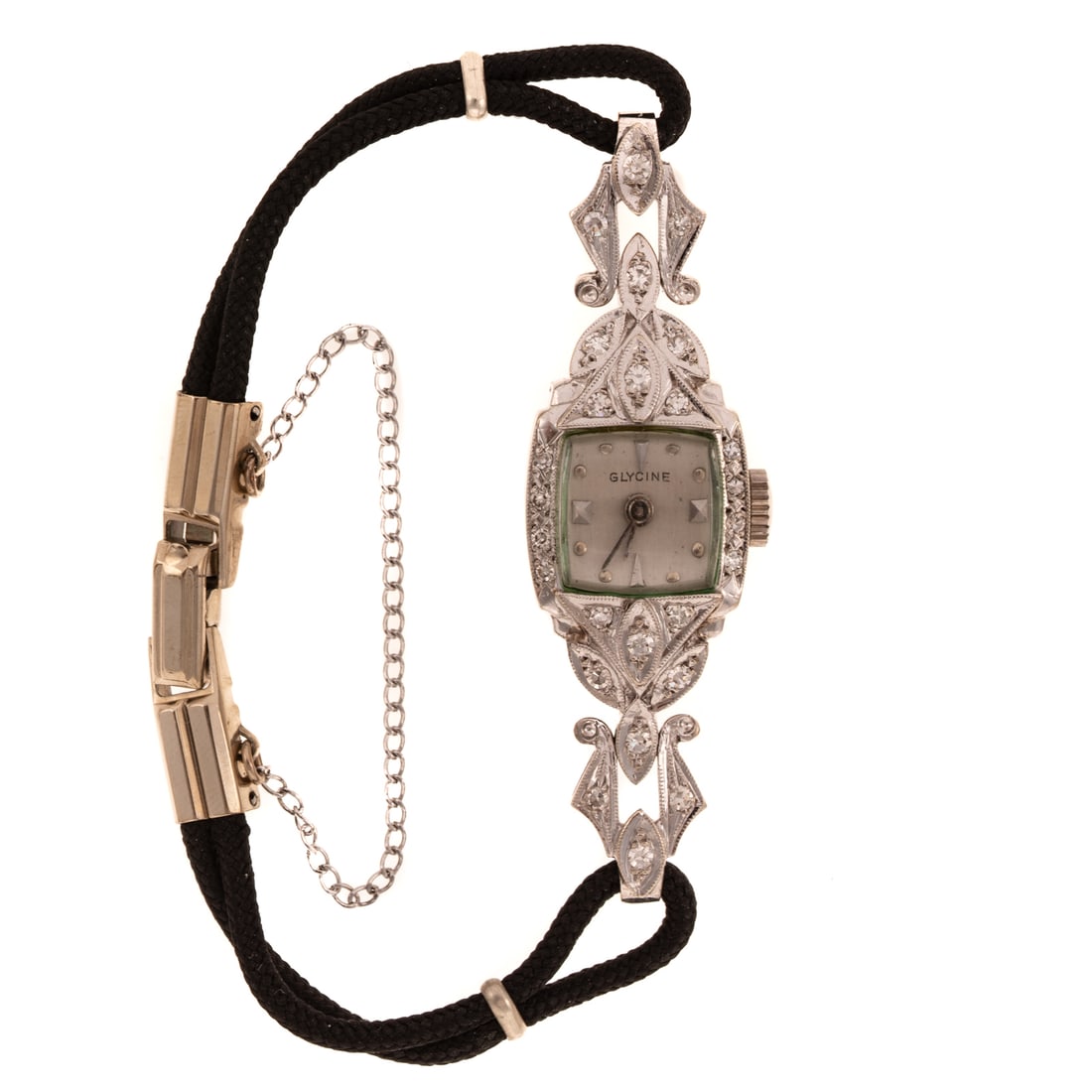 An Art Deco Diamond Dress Watch in 14K: Art Deco 14K white gold dress watch by Glycine, the square silver dial with dot hour markers, convex crystal and round diamonds bead set in bezel and foliate frame, mechanical movement, 17 mm L case, 