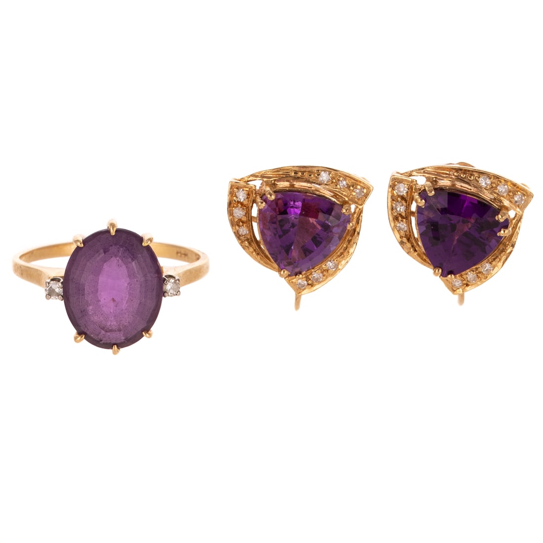 A Pair of Amethyst Ear Clips & Ring in 14K: 1) 14K yellow gold ear clips featuring triangle cut amethysts measuring 9 x 9 mm with bead set diamond frames, screw backs, 5/8 in. W, and 2) 14K yellow gold ring featuring an oval amethyst measuring 