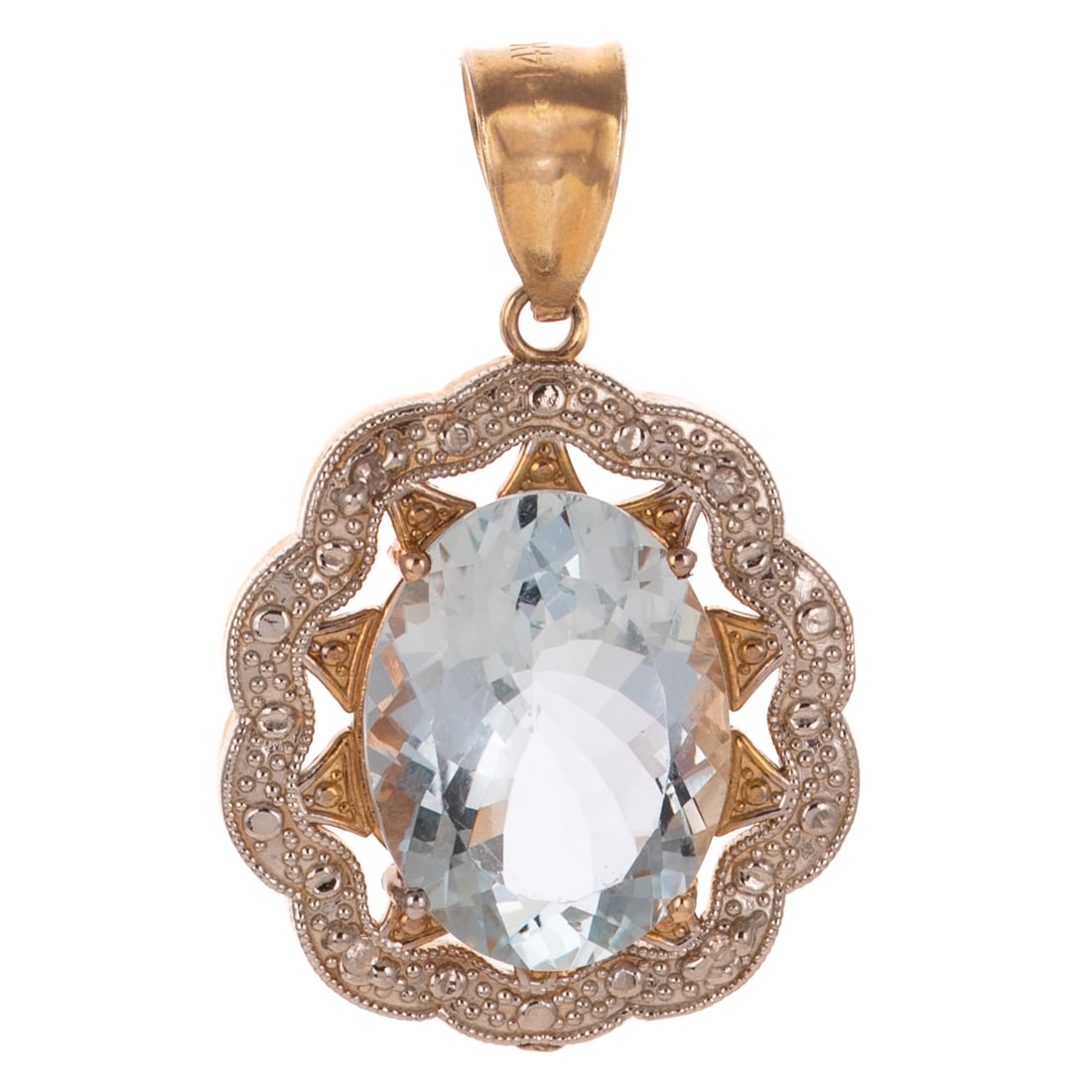 A 6.54 ct Aquamarine & Diamond Pendant in 14K: 14K yellow and white gold pendant featuring an oval shaped aquamarine weighing approx. 6.54 carats, prong set, with yellow gold accents and white gold scalloped border with four round diamond accents 