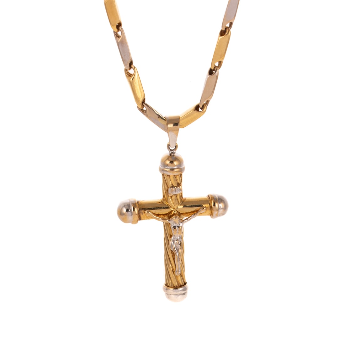 A Bi-Color Cross Pendant Necklace in 18K: 18K yellow and white gold necklace featuring a crucifix pendant suspended from a barley corn chain, swivel lobster clasp, pendant 1 3/4 in. L, 22 in. L, 27.3 grams