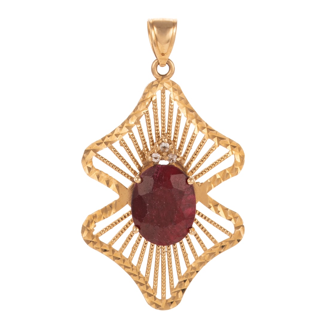 A 5.84 ct Ruby & Topaz Pendant in 14K: 14K yellow gold pendant featuring an oval shaped ruby weighing approx. 5.84 carats, prong set and surmounted by a trio of round white topaz, in a vintage bright cut and bead motif open work gold setti