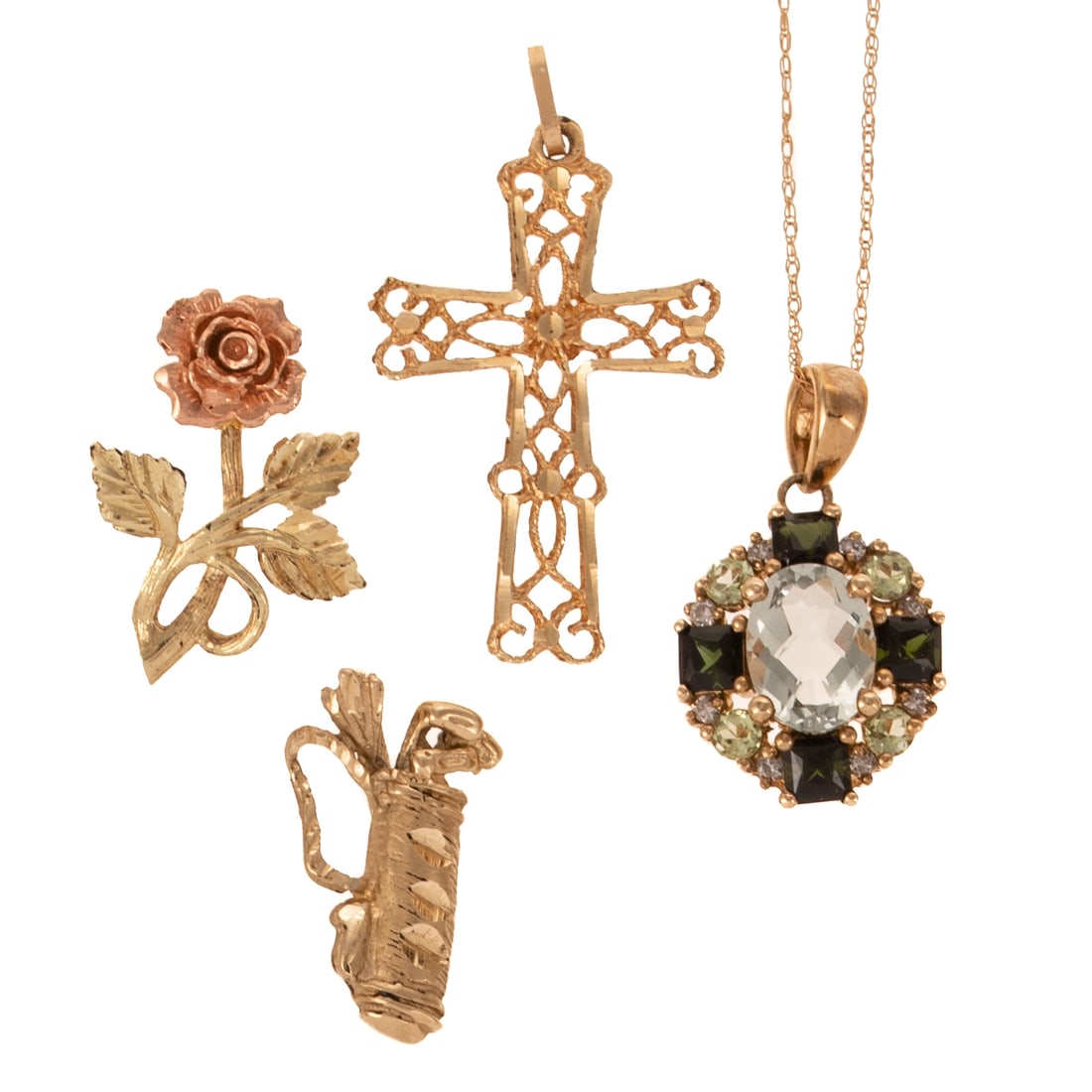 A Multi-Gemstone Pendant Necklace & Three Pendants in Gold: 14K yellow gold trio of pendants/charms including 1) Filigree cross, 1 in. L, 2) Rose gold rose blossom above a bright cut yellow gold leaves and stem, 3/4 in. L, 3) Bag of golf clubs, 5/8 in. L, and 