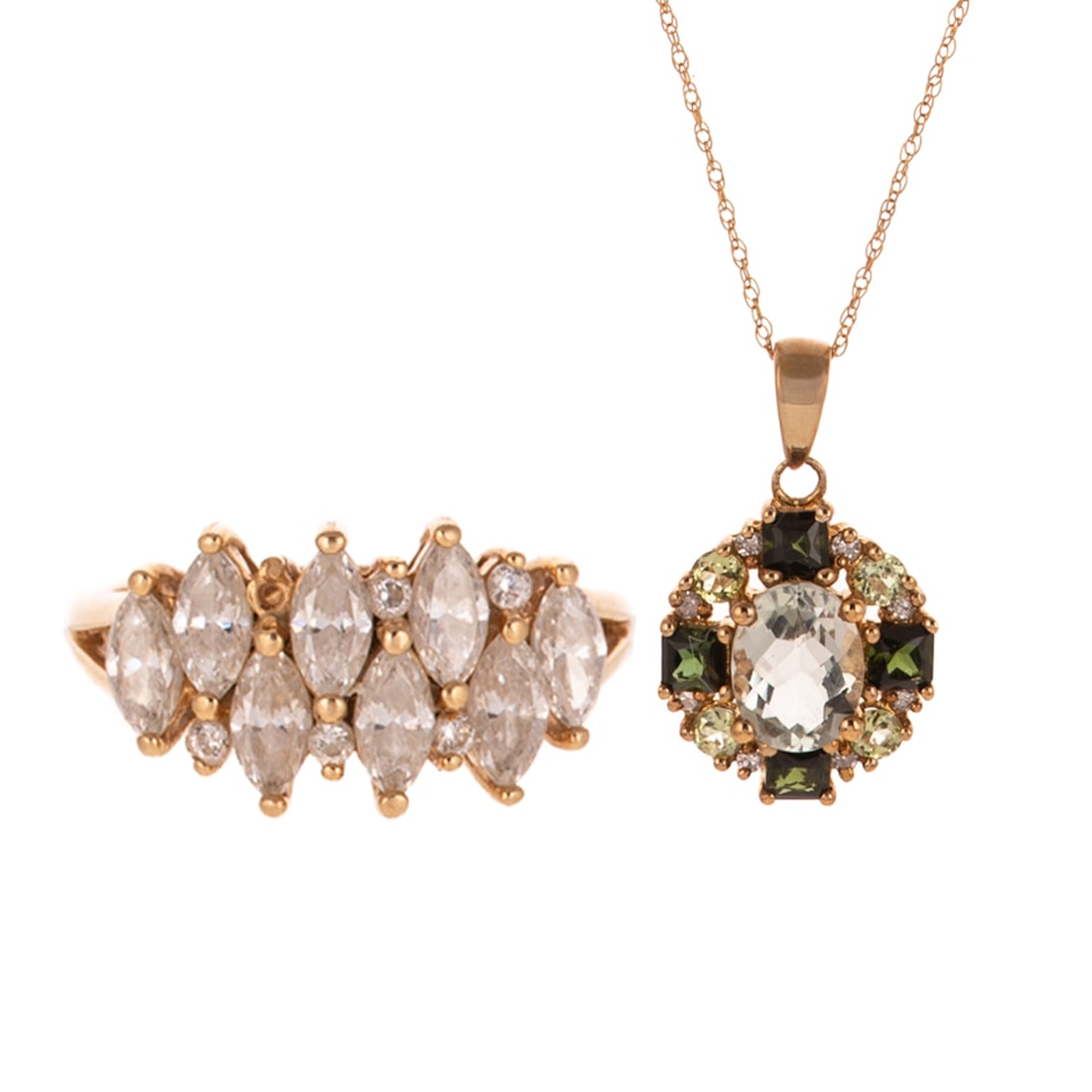 A Multi-Gemstone Pendant Necklace & Ring in Gold: 1) 14K yellow gold ring featuring marquise and round CZ, sz 8, and 2) 10K yellow gold pendant featuring a center oval shape pale blue beryl, with halo of round peridot, diamonds, and square French cut
