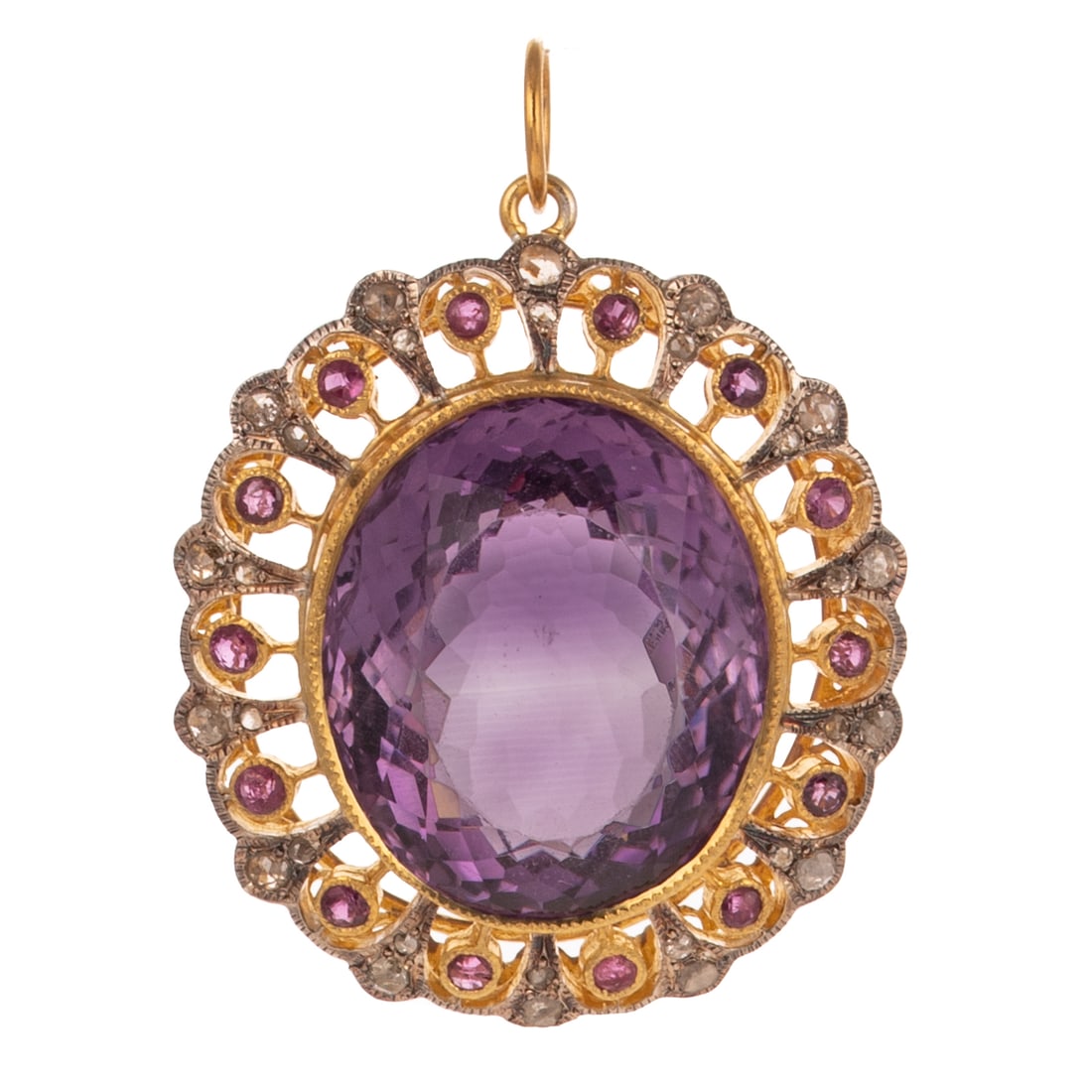 An Amethyst, Pink Sapphire & Diamond Pendant: Vermeil pendant featuring a oval shaped sapphire weighing approx. 13.50 carats bezel set in the center of an open work halo with round pink sapphires and diamond accents, milgrain details, 14K yellow 