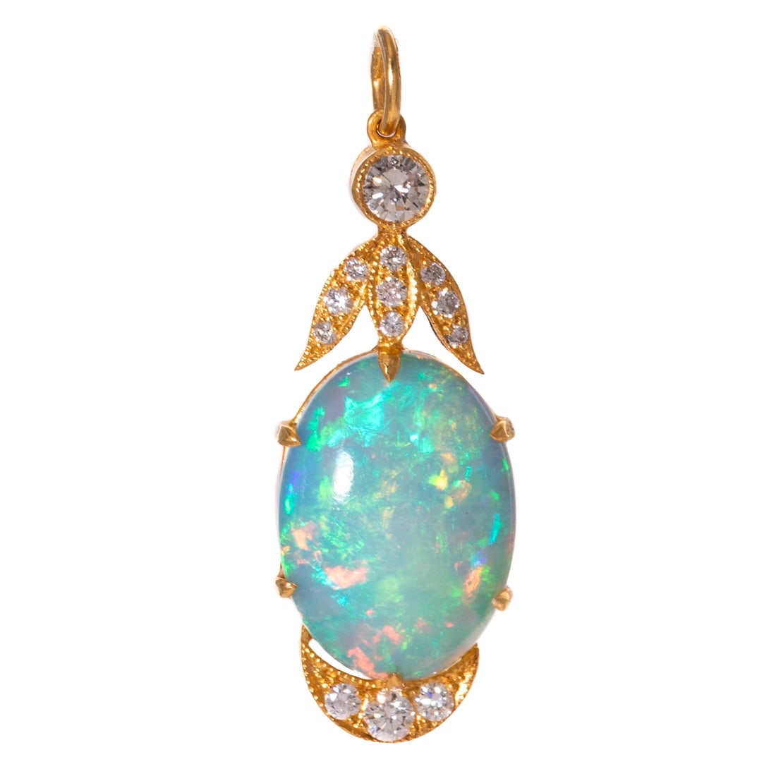 An Opal & Diamond Pendant in 18K: 18K yellow gold pendant featuring a round diamond bezel set above a large pear shaped opal cabochon with blue, orange, green, pink, violet, and yellow play-of-color measuring 20 x 12 mm prong set
