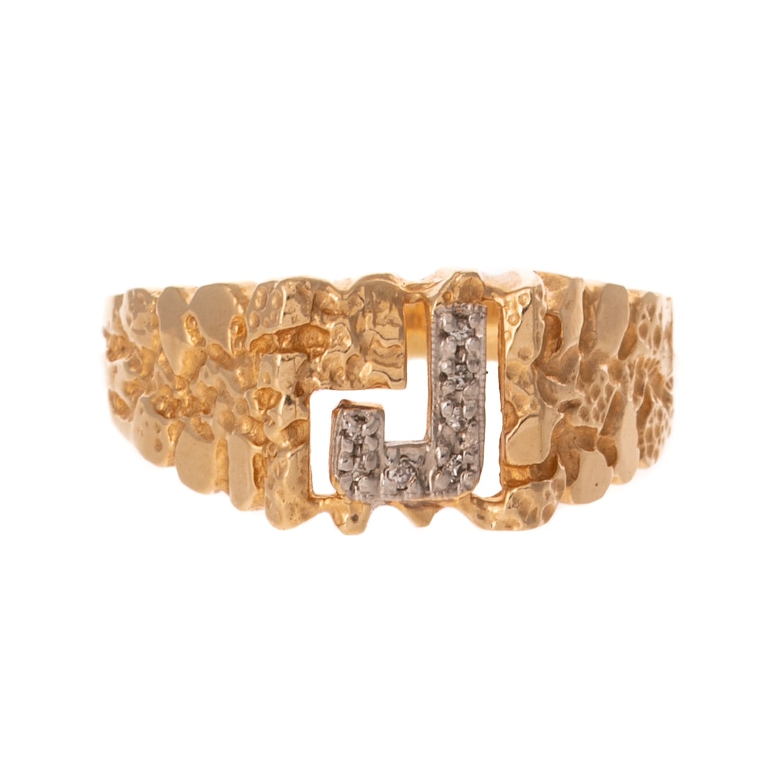 A Diamond "J" Nugget Style Ring in 14K: 14K yellow gold nugget style ring featuring a squared off front with an openwork white gold "J" accented with round diamonds bead set, and milgrain details, sz 11.75, 4.8 grams