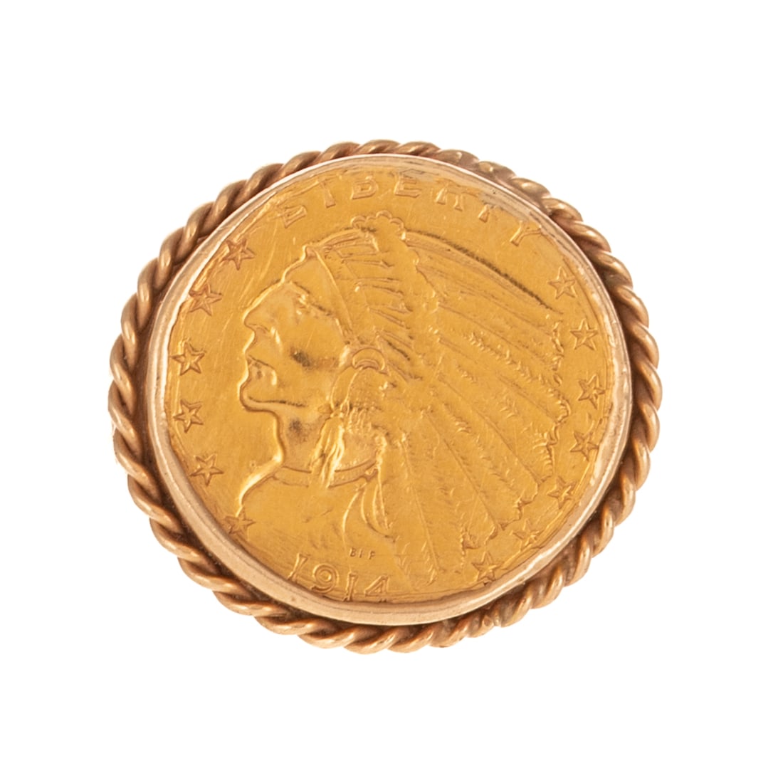 A 1914 $2.5 Indian Head Coin Ring in 14K: 14K yellow gold ring featuring a 1914 $2.50 Indian head gold coin, bezel set with twist frame, sz 9, 14.7 grams Provenance: From the Estate of Marianne C. Roderick