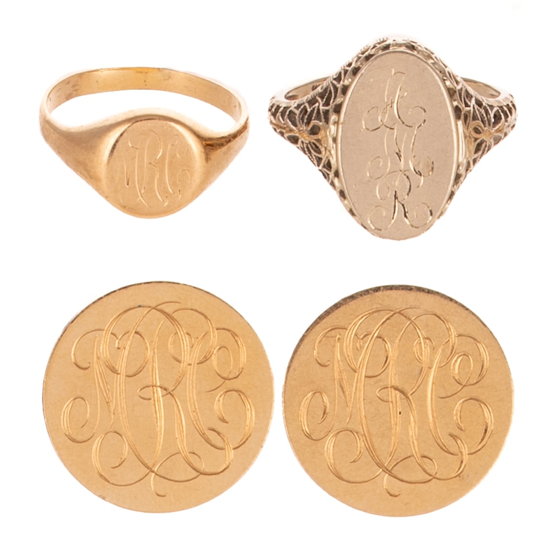 A Pair of Monogrammed Ear Clips & Two Signet Rings: 1) 14K yellow gold round disc ear clips, interlocking script monogram, hinged Omega clips, 3/4 in. W, 2) 14K white gold signet ring with filigree tapered shank, sz 7.5, and 3) 10K yellow gold signet r