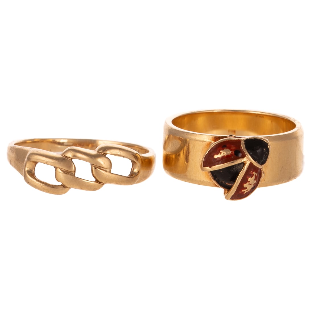 An Enamel Ladybug Ring & Chain Ring in 14K: 1) 14K yellow gold band featuring a black and red enamel ladybug, sz 7, and 2) 14K yellow gold open chain link band, high polish finish, sz 9, 10.3 grams tw Provenance: From the Estate of Marianne C. 