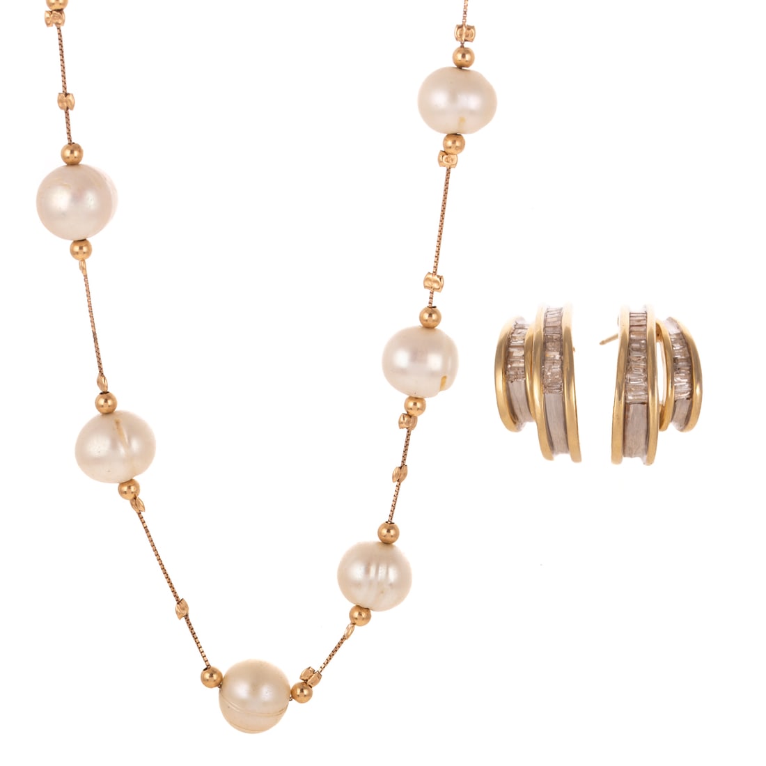 A Pearl Necklace& Diamond Double Hoops in 14K: 1) 14K yellow and white gold double hoops featuring baguette diamonds weighing approx. 0.40 ctw, channel set in upper half, with high polish white gold lower half, post, 5/8 in. L, and 2) 14K yellow