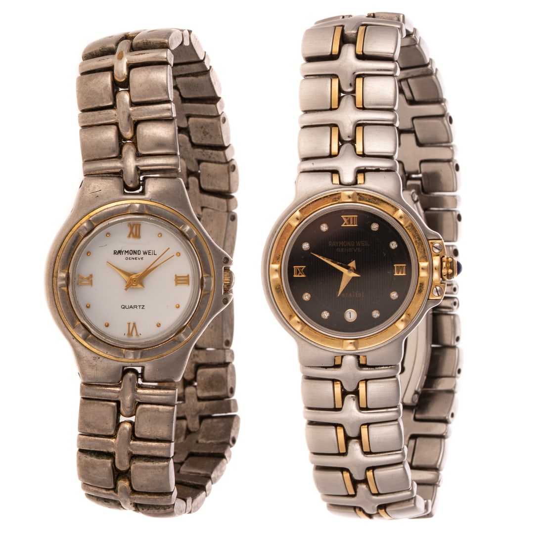 Two Raymond Weil Two-Tone Wristwatches: 1) Stainless steel and 18K two tone Parsifal wrist watch by Raymond Weil, black dial with diamond hour markers and date window at 6 o'clock, 28 mm, model #9990, quartz movement, signature cross style 