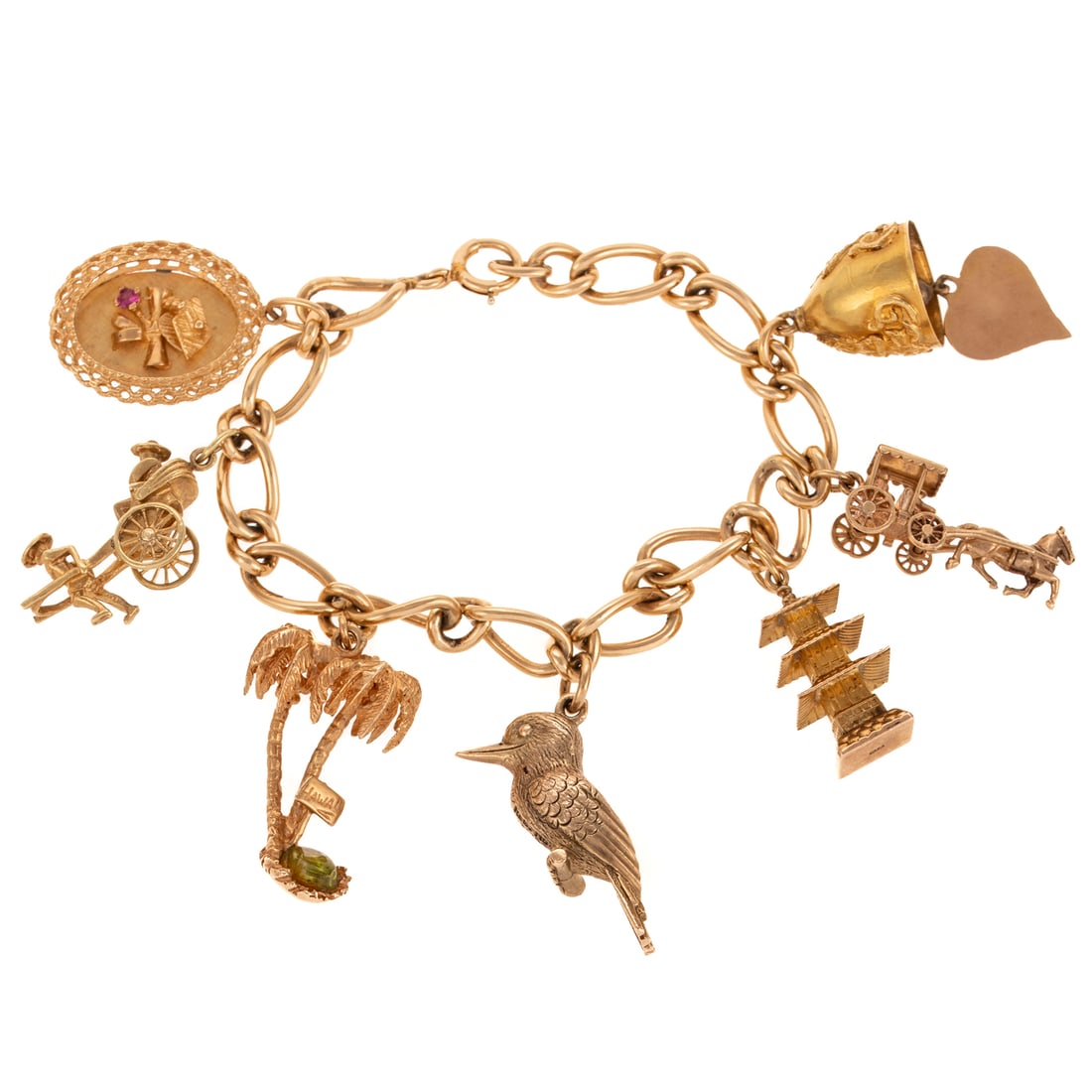 A Charm Bracelet with Seven Whimsical Charms in 14K: 14K yellow gold charm bracelet with alternating elongated and round curb links featuring seven charms including am 18K bell; 14K pagoda, rickshaw, graduation plaque, and Hawaiian palm trees, and 9K