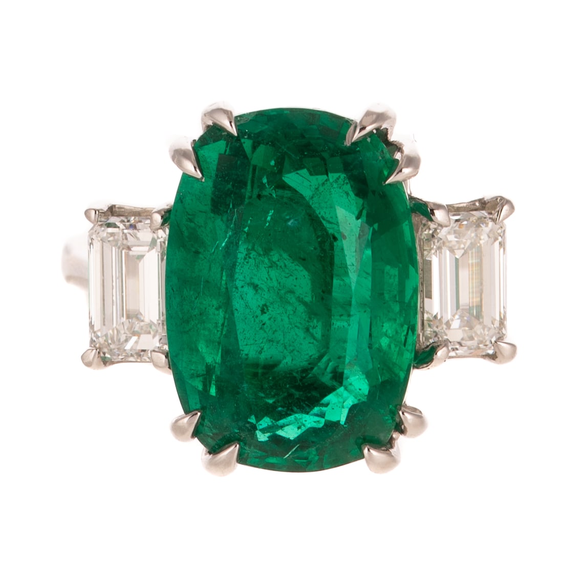 A GIA 8.24 ct Emerald & Diamond Ring in Platinum: Platinum ring featuring a very fine cushion cut emerald weighing 8.24 carats, accompanied by GIA Gemological Report #2233891812, flanked by two emerald cut diamonds weighing approx. 1.50 ctw with an a
