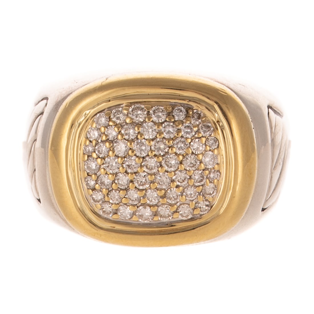 A David Yurman Two Toned Pave Diamond Ring: 18K yellow gold and sterling silver ring featuring a round diamond pave panel weighing approx. 0.75 ct set in 18K yellow gold with 18K yellow gold bezel, sterling silver high polish shank with ridged 