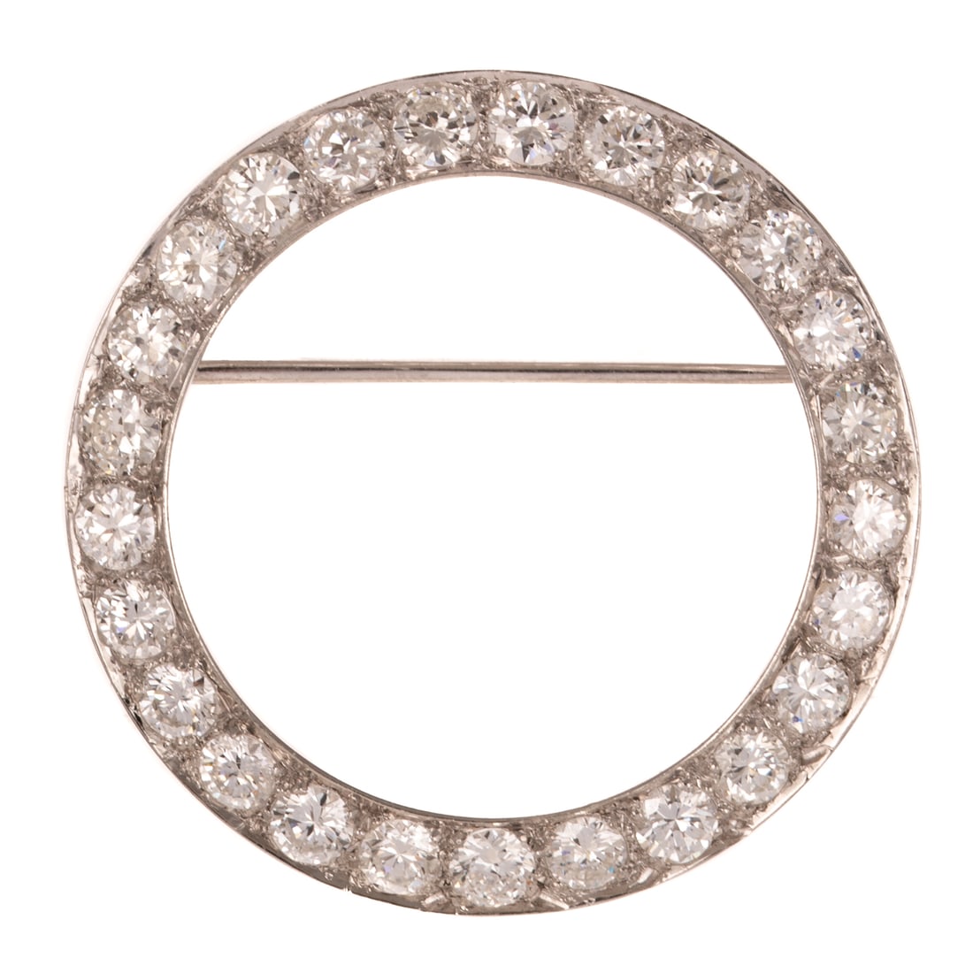 A 5.00 ctw Open Circle Diamond Brooch in 14K: 14K white gold open circle diamond brooch featuring well matched round diamonds weighing approx. 5.00 ctw with an average color grade of F - G and an average clarity grade of VS2 - SI1 bead set, 1 1/2