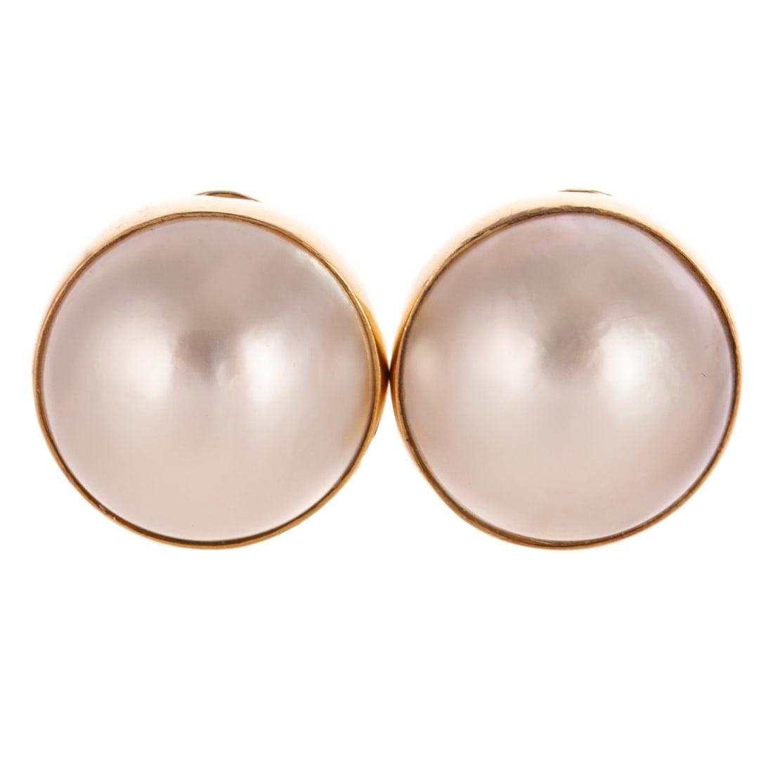 A Pair of Mabe Pearl Earrings in 14K: 14K yellow gold earrings featuring mabe pearls measuring 19 mm, bezel set in high polish frame, posts with Omega backs, 3/4 in. Diam., 17.8 grams