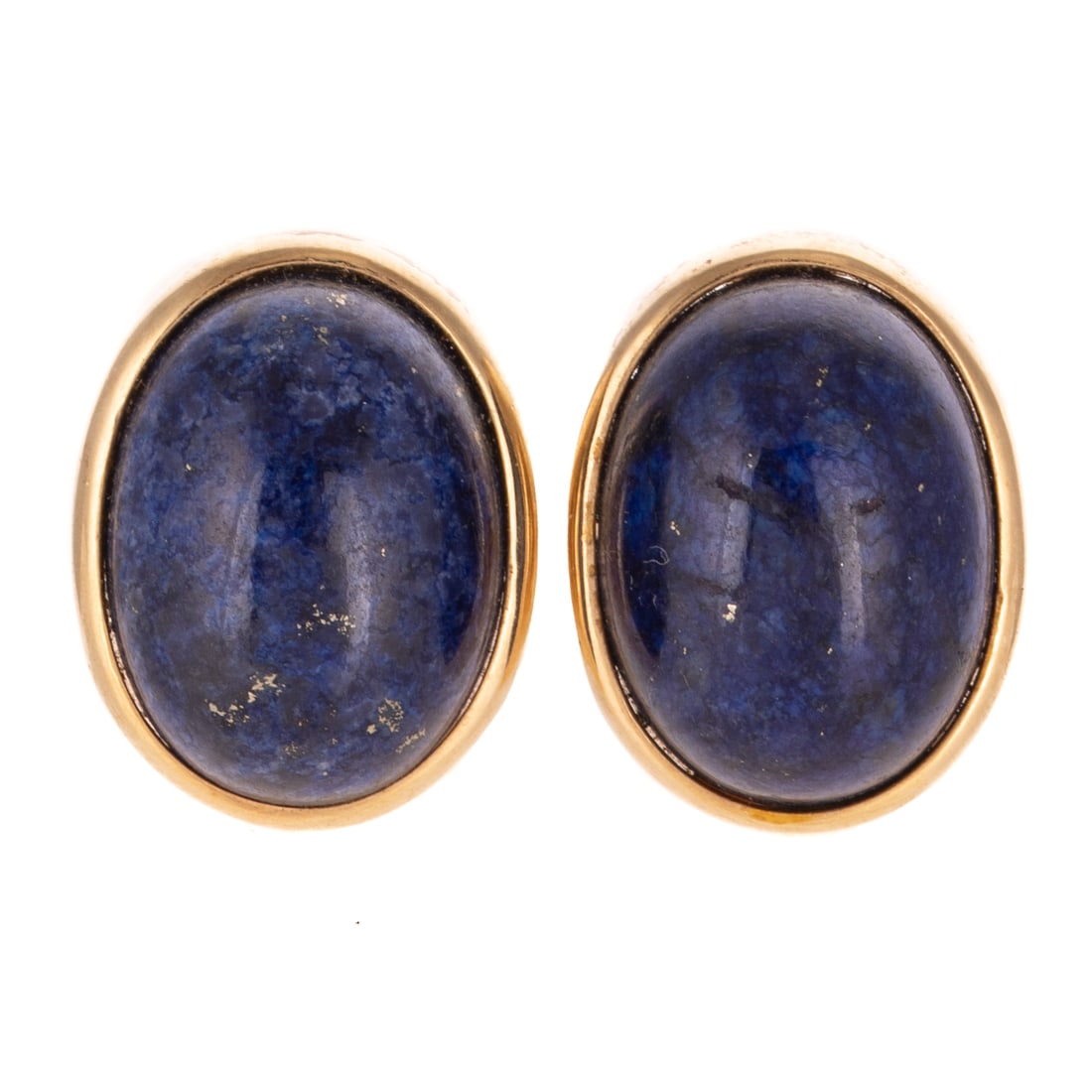 A Pair of Lapis Lazuli Cabochon Earrings in 14K: 14K yellow gold earrings featuring oval lapis lazuli cabochon measuring 20 x 14 mm, bezel set in high polish frame, posts with Omega backs, 7/8 in. L, 15.4 grams