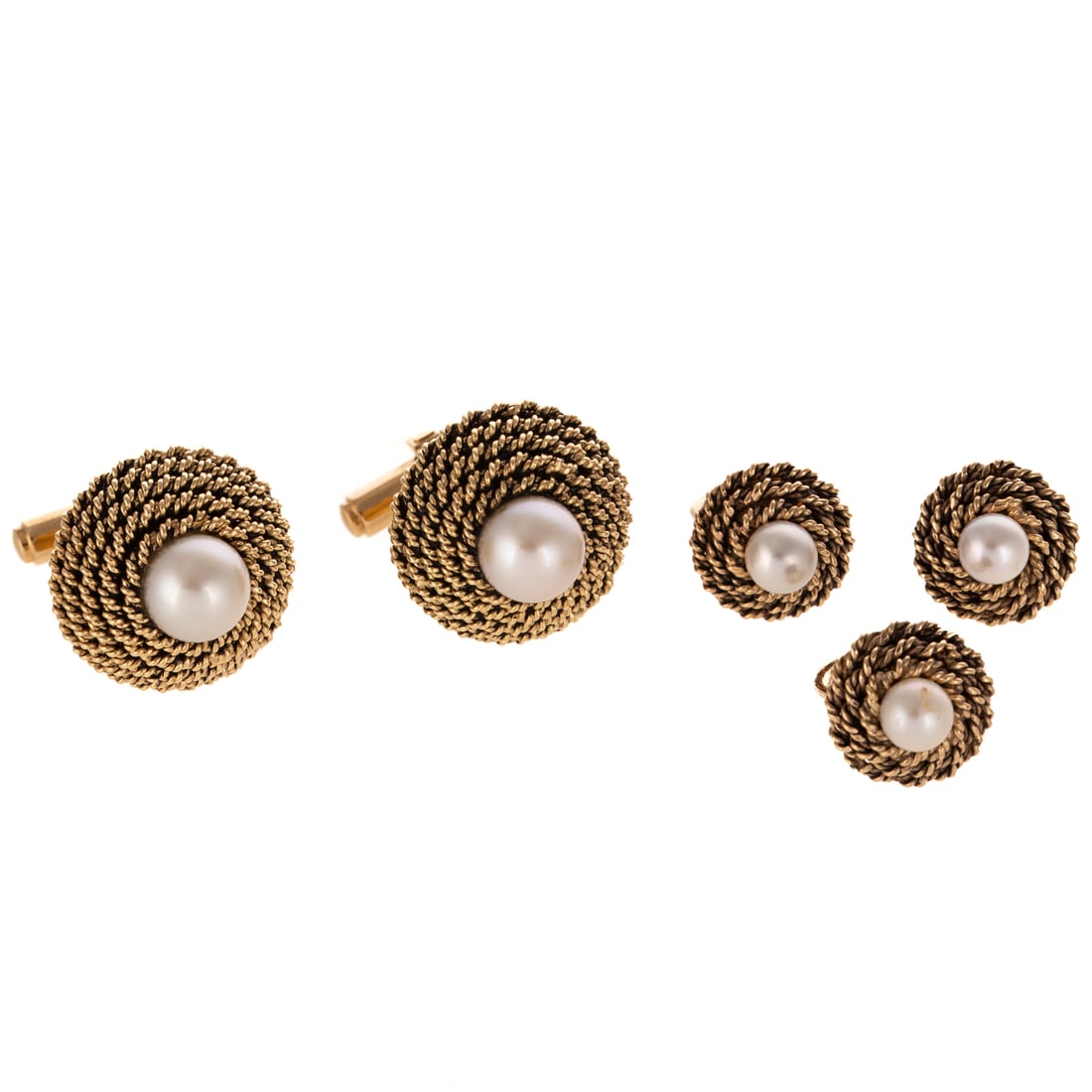 A Dress Set of Shirt Studs & Pearl Cufflinks in 18K & 14K: 18K yellow gold shirt studs and 14K yellow gold cufflinks, each with a cultured pearl set in concentric rings of gold rope, cufflinks 3/4 in. Diam., shirt studs 1/2 in. Diam., 23.6 grams tw
