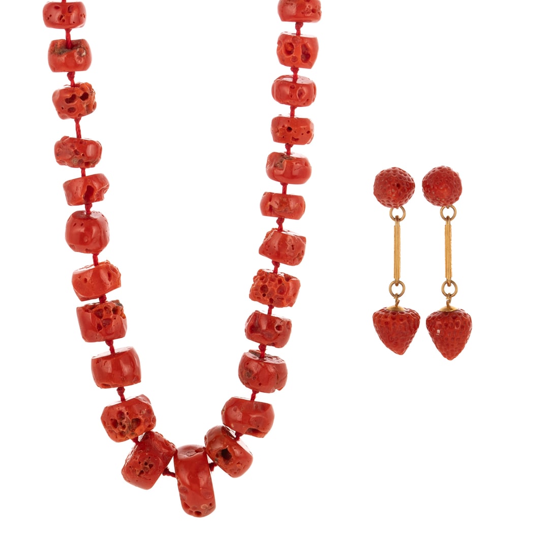 A Pair of Strawberry Coral Earrings in 14K & Necklace: 1) 14K yellow gold dangle earrings featuring coral carved in the form of strawberries above a foliate gold bar and dangling strawberry, posts with friction backs, 1 1/2 in. L, and 2) Vintage graduated