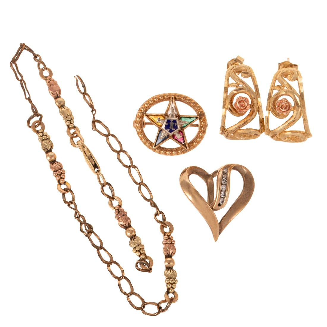 A Collection of Gold Jewelry in 10K: 1) 10K yellow gold filigree half hoops with rose gold floral accents, posts with friction backs, 5/8 in. L, 2) 10K yellow gold heart slide pendant with round diamond accents channel set, 3/4 in. L, 3)