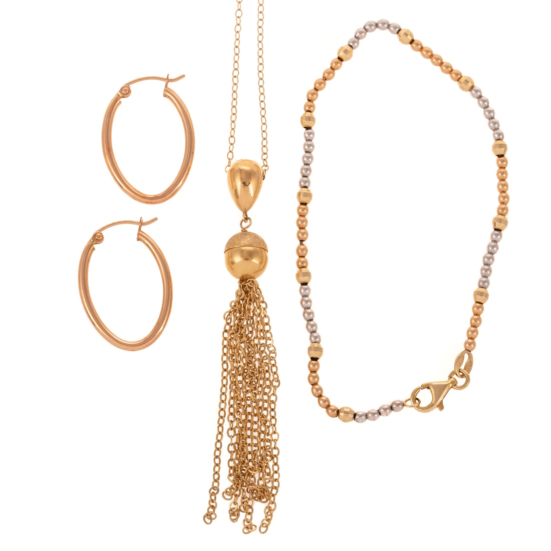 A Tassel Necklace, Hoops, & Beaded Bracelet in 14K: 1) 14K yellow gold necklace by Hana designed with multi cable link chain tassel hanging from a hammered and high polish finish bead, spring ring clasp, signed, 18 in. L, 2) 14K white, yellow and rose 