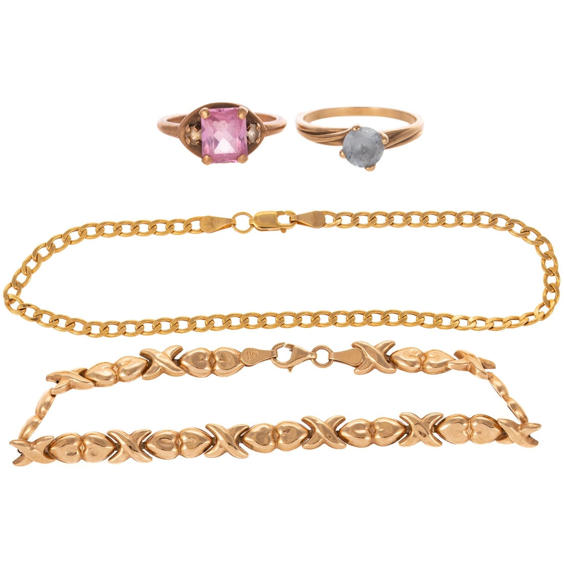 A Collection of Bracelets & Rings in 10K: 1) 10K yellow gold hugs and kisses link bracelet with lobster clasp, 7 1/4 in. L, 2) 10K yellow gold curb link chain bracelet with lobster clasp, 8 in. L, 3) 10K yellow gold ring featuring a synthetic