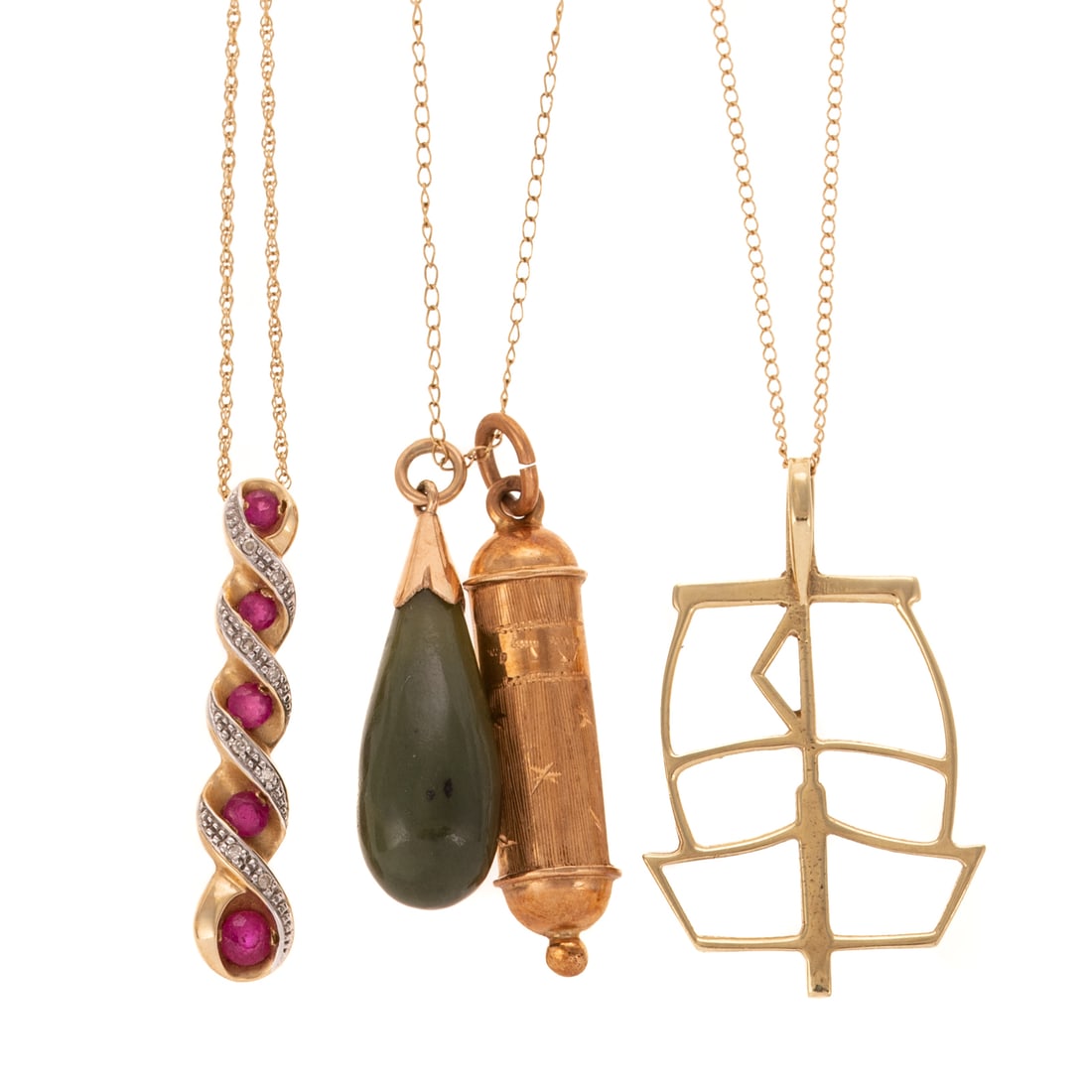 A Collection of Charms & Chains in Gold: 1) 14K yellow gold abstract sailboat pendant hanging on 15" thin link chain with spring ring clasp, 2) 10K yellow gold twisted ribbon brooch featuring synthetic rubies and bead set diamonds, on a 18 i