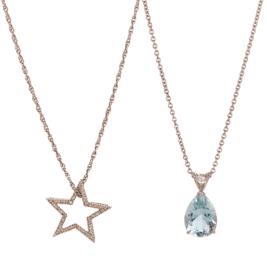 Two Chains with Diamond & Topaz Pendants in Gold: 1) 14K white gold twist link chain featuring a 10K white gold diamond open star pendant, spring ring clasp, 18 in. L, and 2) 14K white gold cable link chain featuring pear shape blue topaz measuring 1