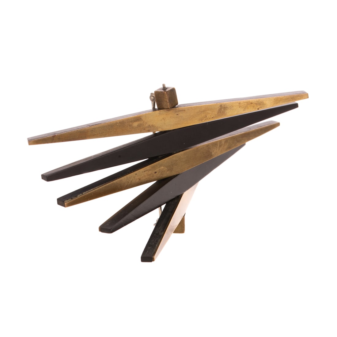 A Rare 1950s Betty Cooke Kinetic Brooch: c.1950, brass and black plexiglass brooch by Betty Cooke (1924 - 2024), Baltimore, MD, designed with five double sided brass and black plexiglass spinning elongated shapes, multiple design options dep