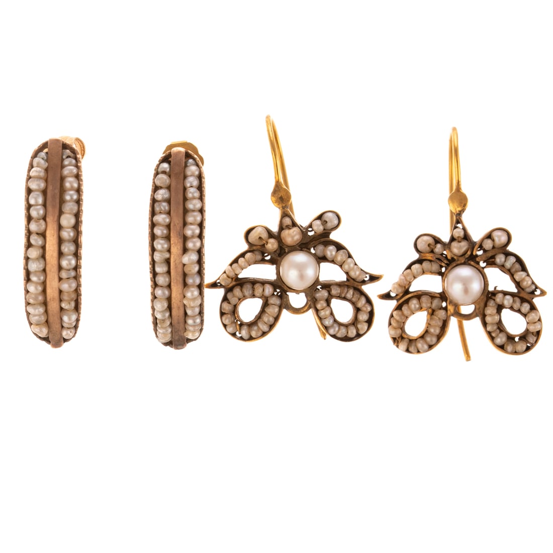 Two Vintage Pairs of Seed Pearl Earrings in 10K: 1) 10K yellow gold earrings featuring a stylized ribbon design with inset seed pearls and central pearl measuring 4.4 mm, wire hook backs, approx. 1 in, L, and 2) 10K yellow gold half hoops with two c