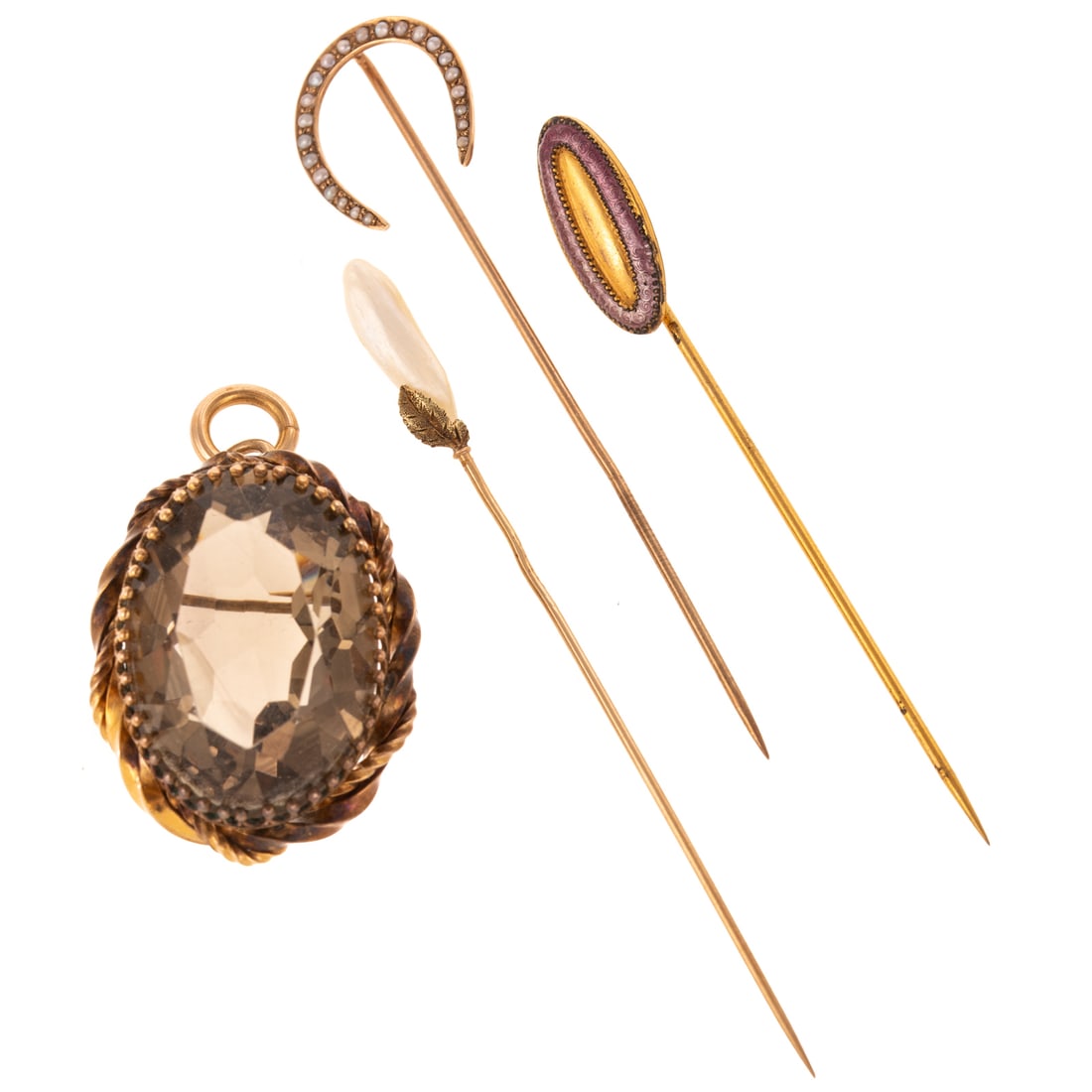 A Trio of Antique Stick Pins & Smoky Quartz Pendan (1 of 3)