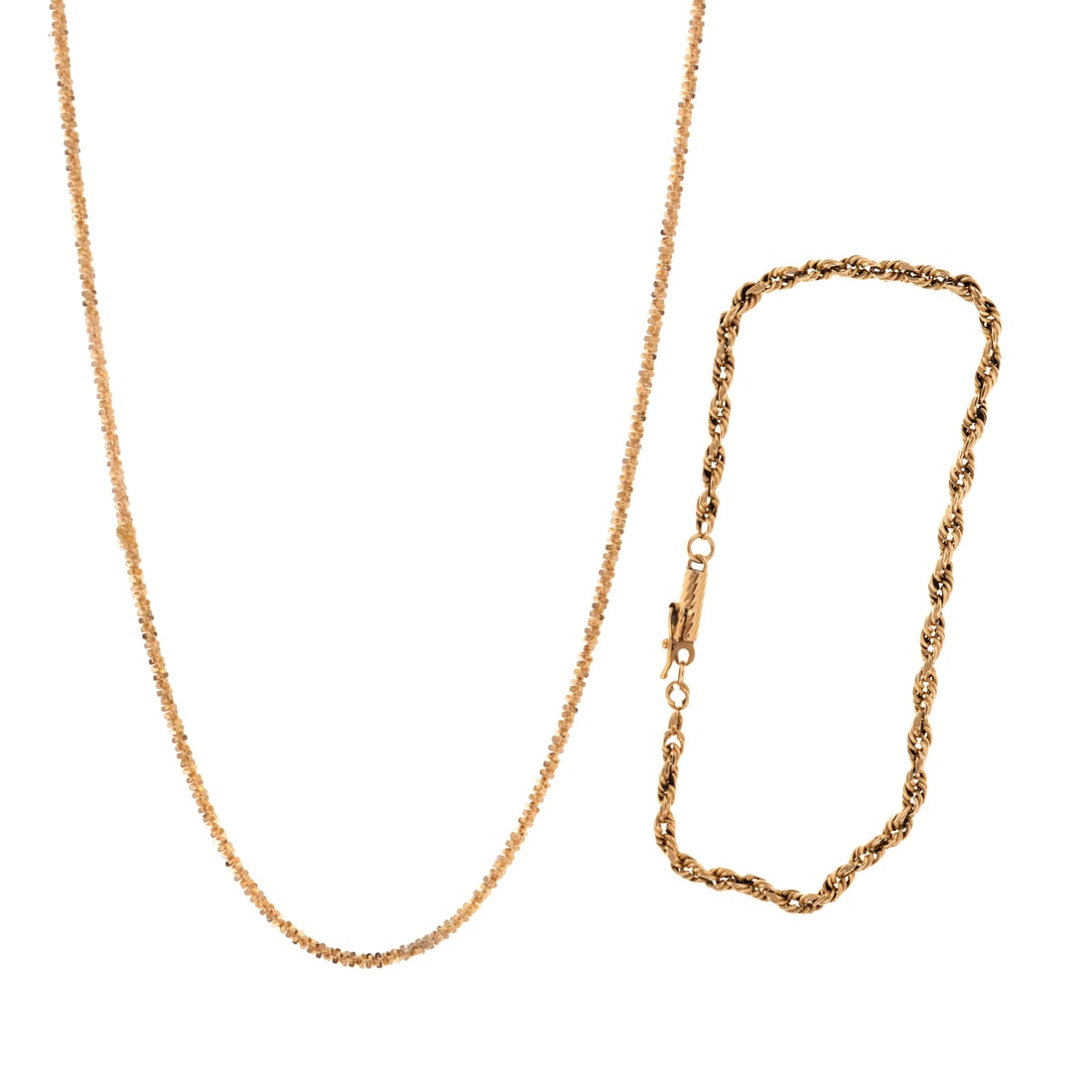 A Popcorn Link Necklace & Rope Chain Bracelet in 14K: 1) 14K yellow gold Italian popcorn link necklace with floating adjustable spring ring clasp, 24 3/8 in. L at longest, and 2) 14K yellow gold twisted rope chain, barrel clasp with safety latch, signed 