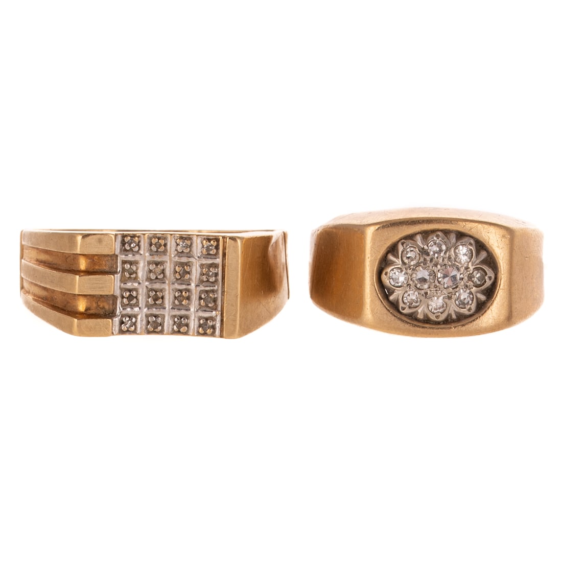 Two Diamond Cluster Rings in 10K: 1) 10K yellow gold ring featuring a cluster of round diamonds bead set in the form of an oval, high polish faux bezel set, approx. sz 7, and 2) 10K yellow gold ring featuring a grid of prong set small