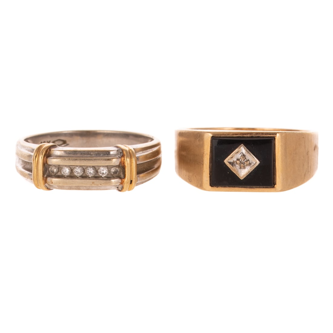 Two Classic Diamond Rings in 10K: 1) 10K yellow gold ring featuring a onyx tablet with an small round diamond prong set in an illusion setting, worn brushed finish on shank, signed, sz 9.75, and 2) 10K bi-colored ring featuring a