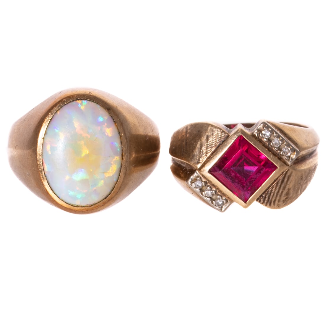 Two Gemstone Rings in 10K: 1) 10K yellow gold ring featuring a square synthetic ruby bezel set with round diamond prong set accents, carved geometric and florentine details on shank, signed "Cason," sz 9.50, and 2) 10K yellow g